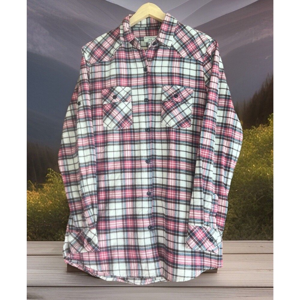 New Matchstick Argus Roll Tab Flannel Cotton Plaid Brown Pink Top Womens Medium